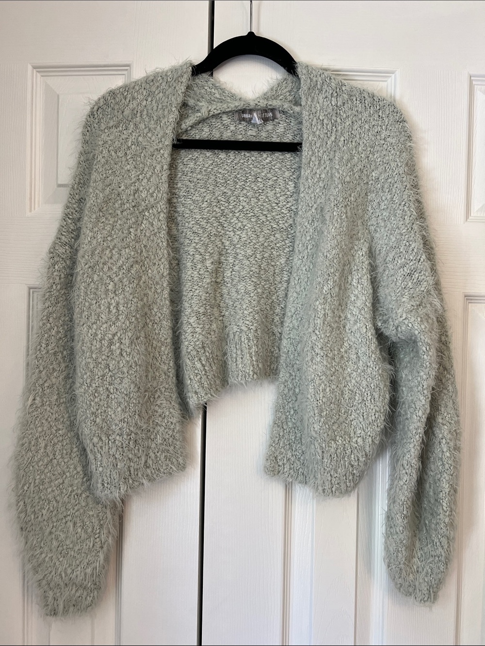 MINKPINK Cropped Open-Front Fuzzy Cardigan in Sage Green